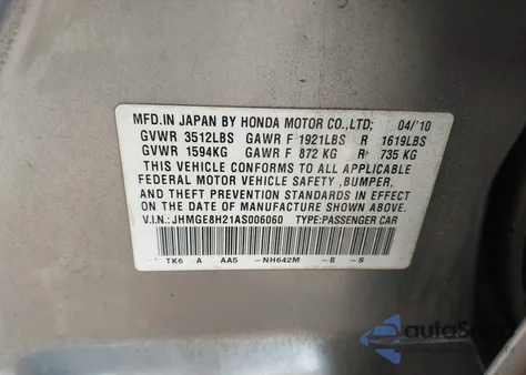 2010 Honda Fit z USA, uszkodzony, nr VIN JHMGE8H21AS006060
